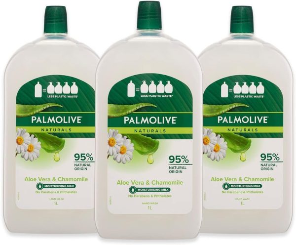 Palmolive Naturals Liquid Hand Wash Soap 3L (3 x 1L packs), Aloe Vera and Chamomile Refill and Save